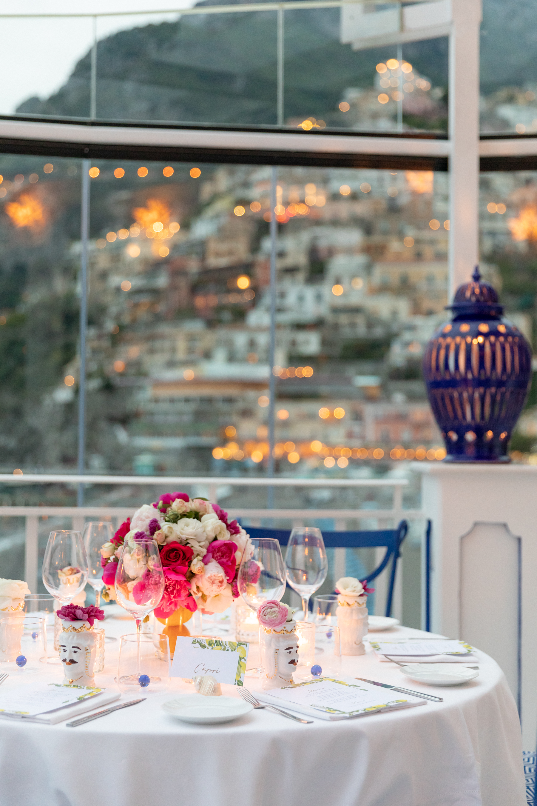 The wedding reception guests had the most beautiful view of Positano at night. 