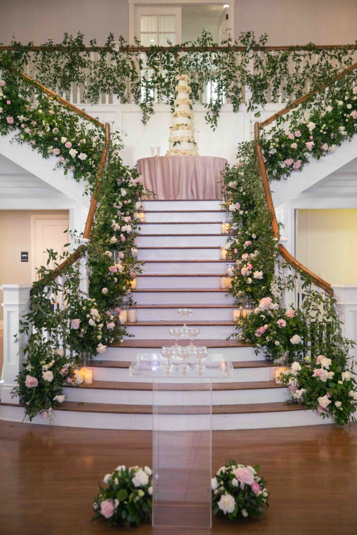 Kendall Point wedding flowers, Wedding Grand Entrance Staircase, Koby Brown Photography, Alyson and Thomas